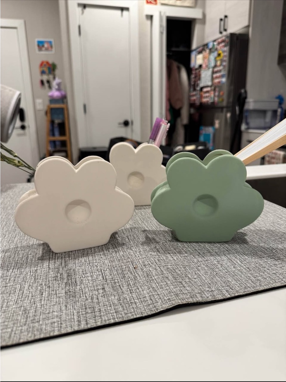 3 Green and White Flower Vase Set